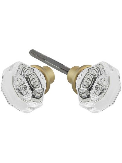 Pair of Octagonal Crystal Door Knobs With Solid Brass Base in Antique Brass.
